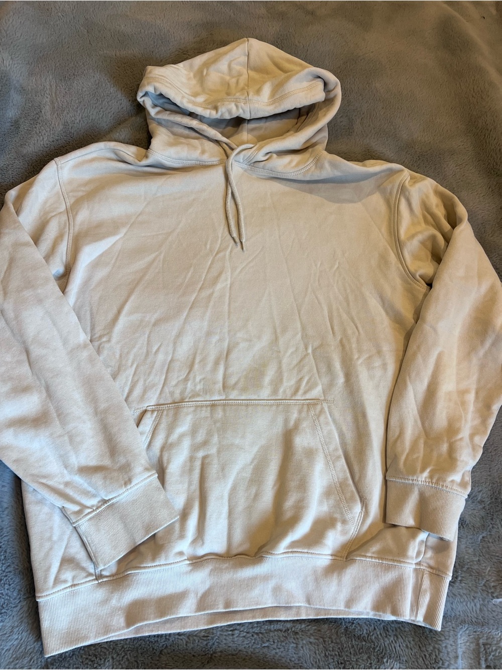 H&M Men’s Beige Solid Relaxed Fit Cotton Fleece Pullover Hoodie Pockets M